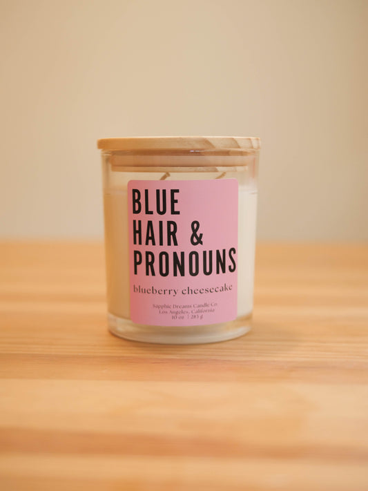 Blue Hair and Pronouns Candle